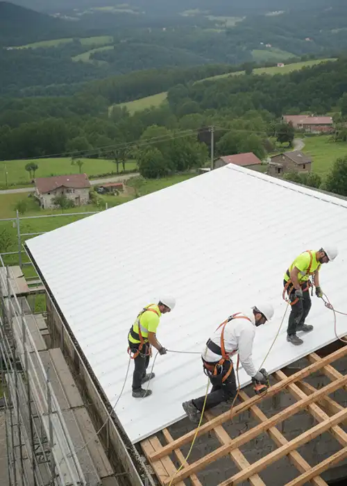 Equipo de profesionales trabajando en altura con líneas de vida instalando cubierta de chapa sándwich en nave de Cantabria.