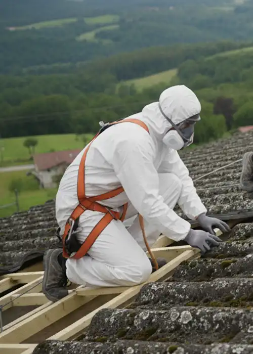 Operarios de Cubiertas y Amianto S.L. retirando un tejado de amianto con arneses de seguridad y EPIs en Cantabria.